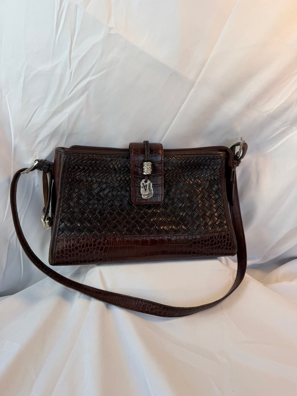 Brighton Brown Woven Leather Crossbody Bag Silver Heart Charm Shoulder Purse